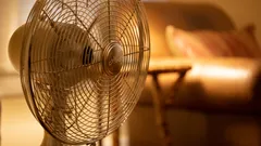 Ventilador de pie blanco encendido en sala de estar