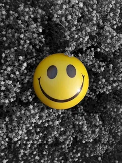 Cara sonriente amarilla sobre fondo blanco y negro