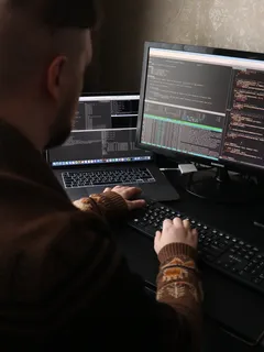 Hombre sentado frente a una computadora en un escritorio moderno