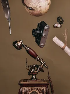 Teléfono antiguo con telescopio y objetos encima, estilo vintage